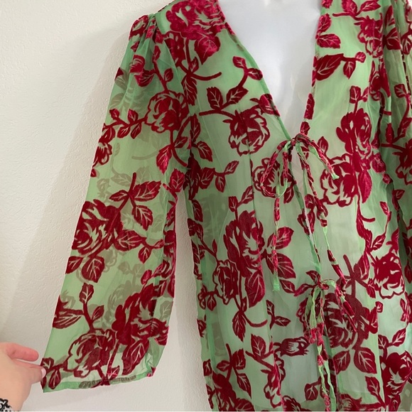 UO Red Velvet Floral and Lime Brat Green‎ Robe Kimono Wrap One Size (SM-LG) - Picture 4 of 10
